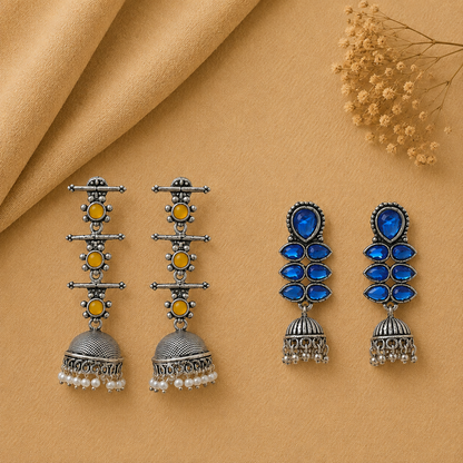 Dazzle Dash Jhumki earring (Blue) Royal Triple Bell Layered Jhumka Earring (Yellow) Combo set