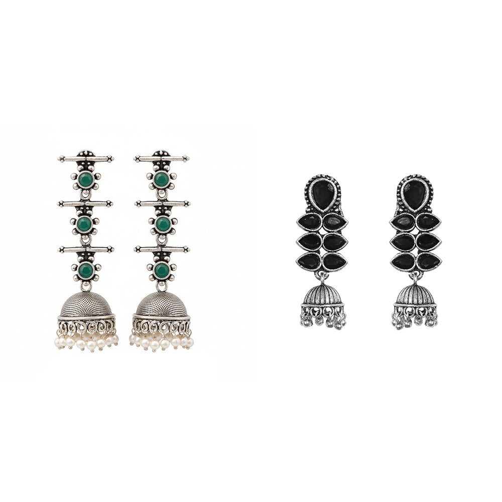 Dazzle Dash Jhumki earring (Black) Royal Triple Bell Layered Earring (Green) Combo set