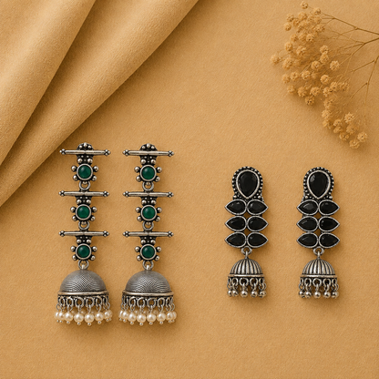 Dazzle Dash Jhumki earring (Black) Royal Triple Bell Layered Earring (Green) Combo set