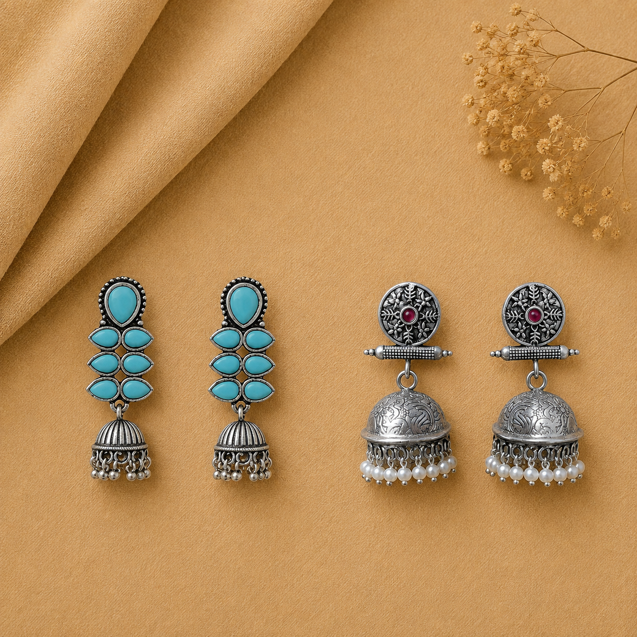 Dazzle Dash Jhumki earring (Sky Blue) Charmbell earrings (Red) Combo set