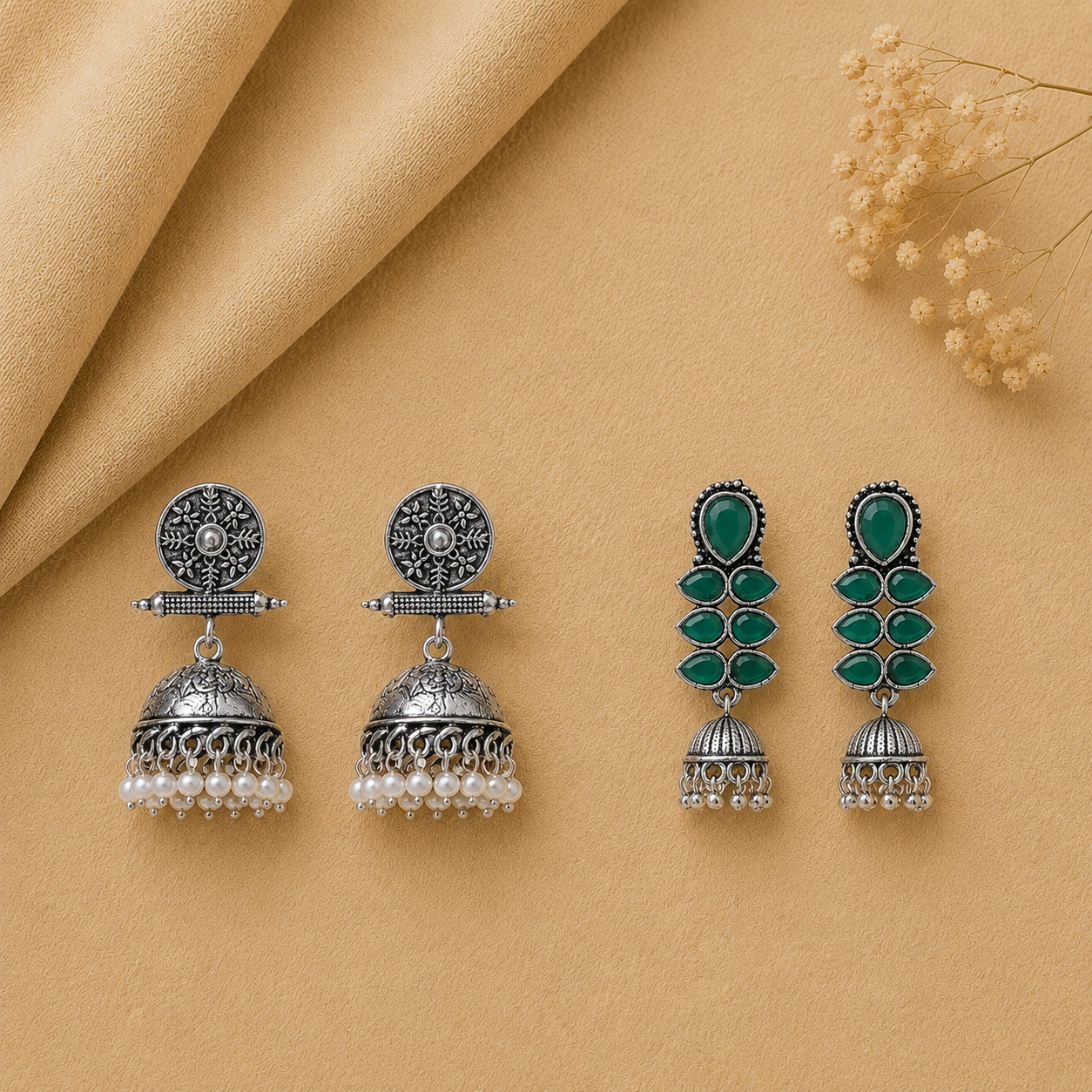 Dazzle Dash Jhumki earring (Green) Charmbell earrings (White) Combo set