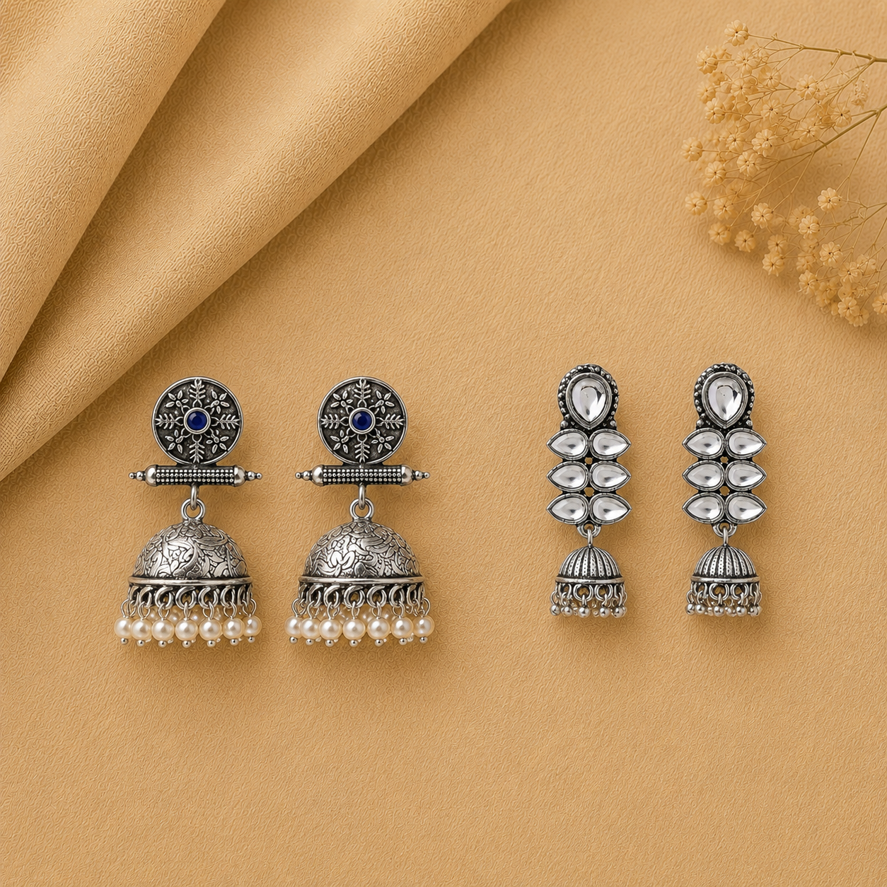 Dazzle Dash Jhumki earring (White) Charmbell earrings (Blue) Combo set