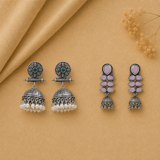 Dazzle Dash Jhumki earring (Baby Pink) Charmbell earrings (Green) Combo set