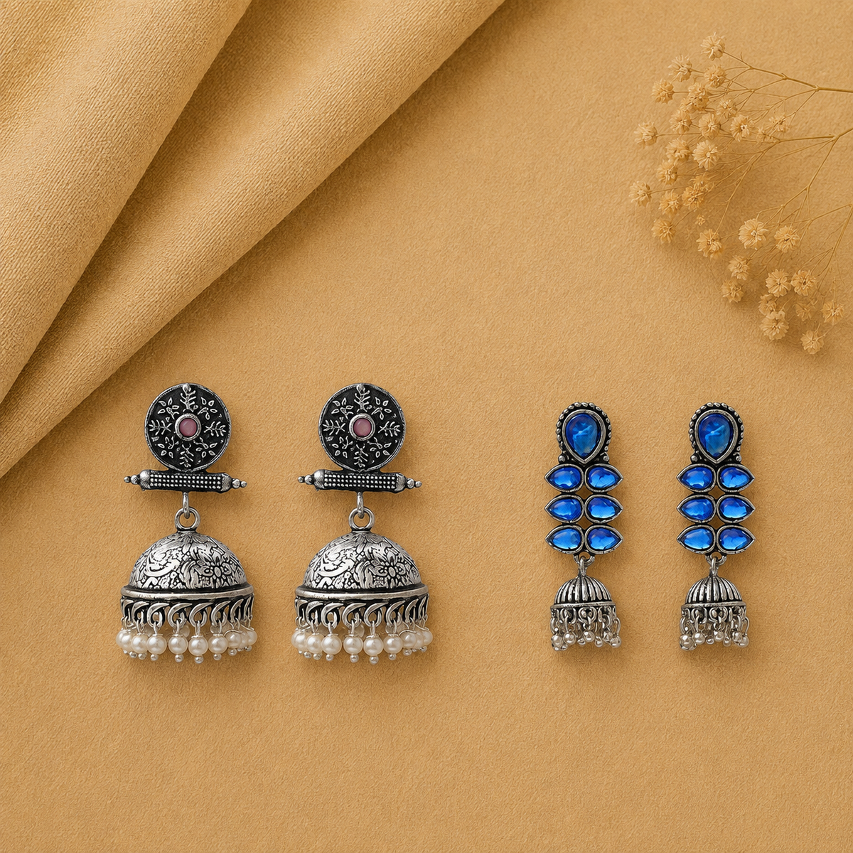 Dazzle Dash Jhumki earring (Blue) Charmbell earrings (Baby Pink) Combo set