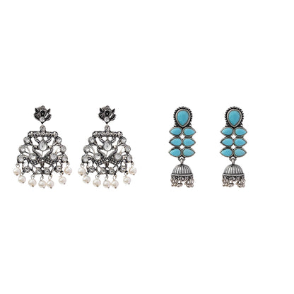 Dazzle Dash Jhumki earring (Sky Blue) Peacock glow stone studded dangler earrings (White) Combo set