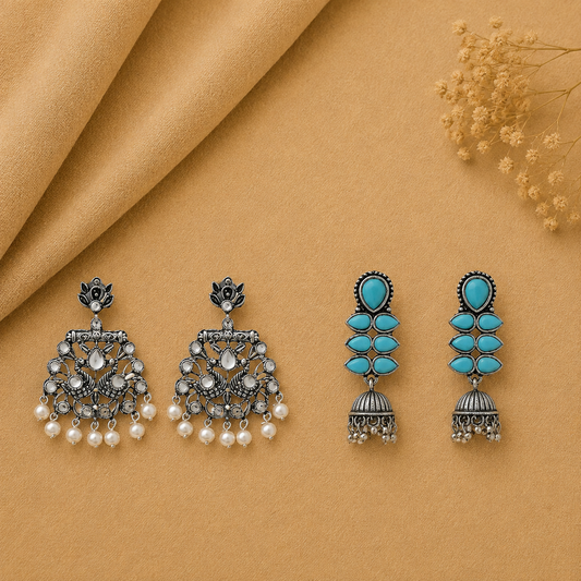 Dazzle Dash Jhumki earring (Sky Blue) Peacock glow stone studded dangler earrings (White) Combo set