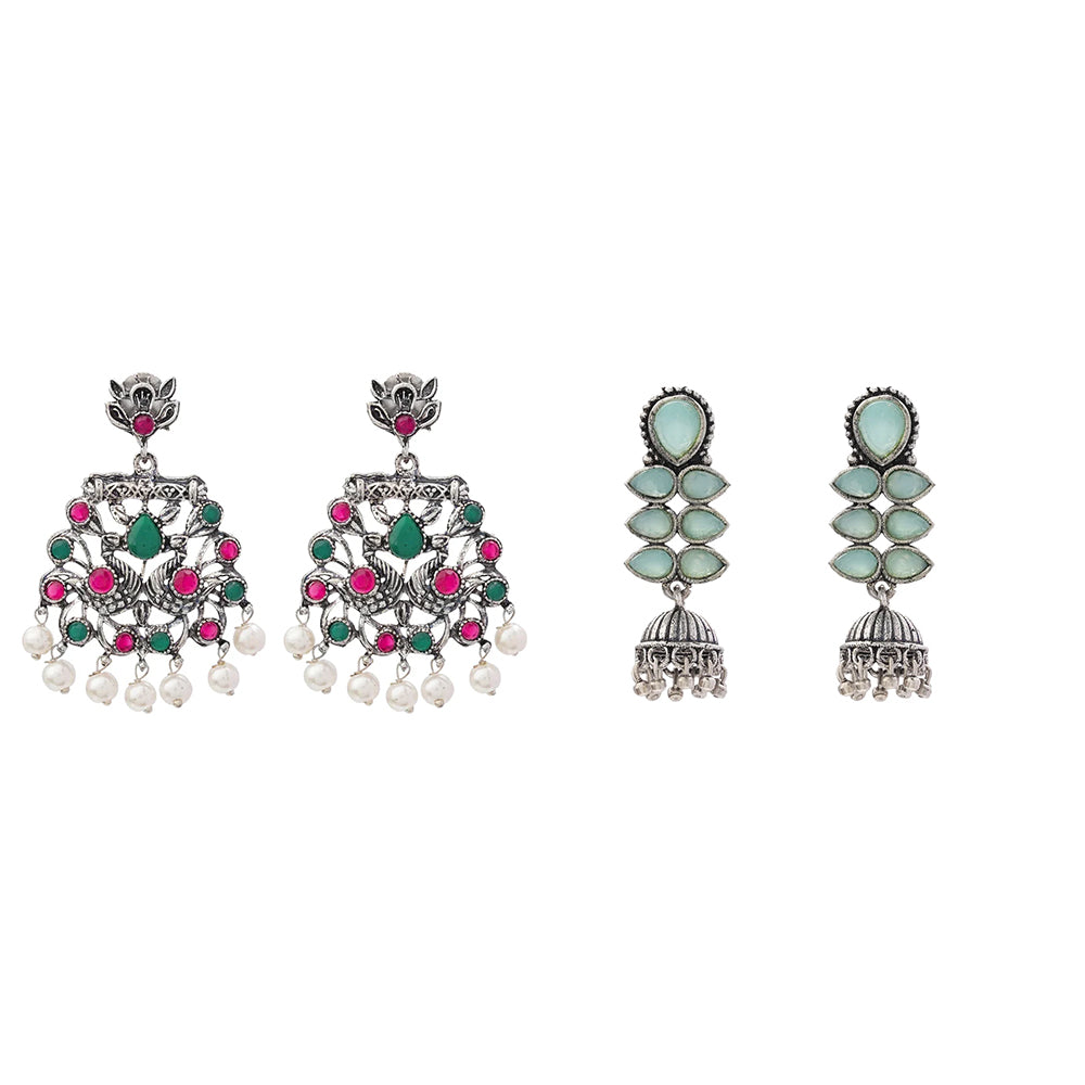 Dazzle Dash Jhumki earring (Mint) Peacock glow stone studded dangler earrings (Multicolored) Combo set