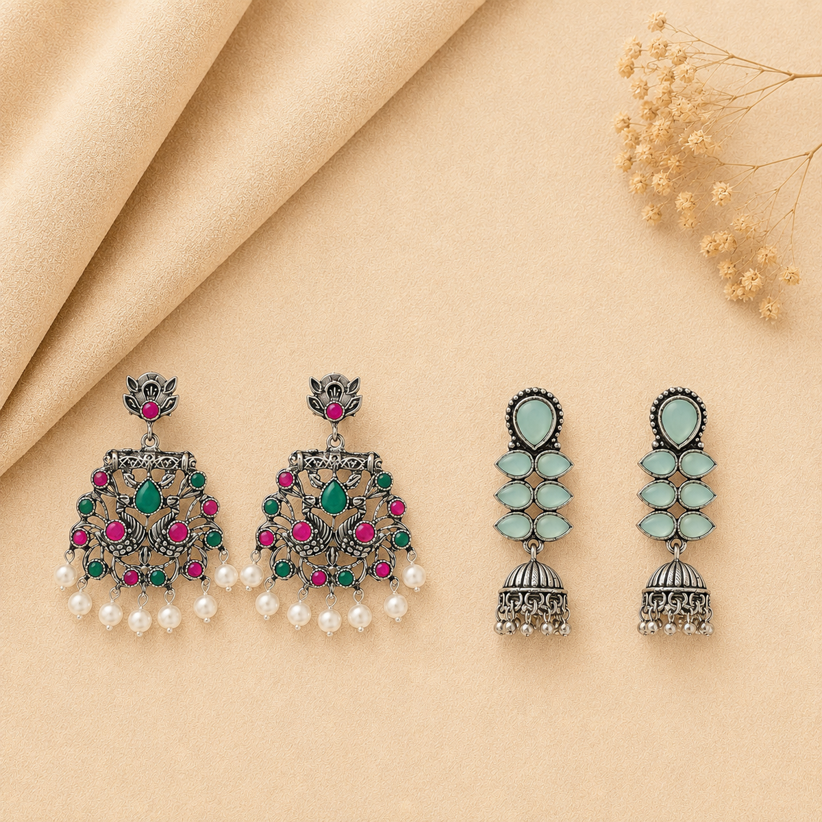 Dazzle Dash Jhumki earring (Mint) Peacock glow stone studded dangler earrings (Multicolored) Combo set