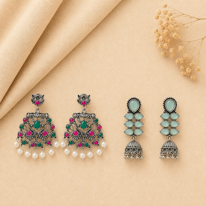 Dazzle Dash Jhumki earring (Mint) Peacock glow stone studded dangler earrings (Multicolored) Combo set