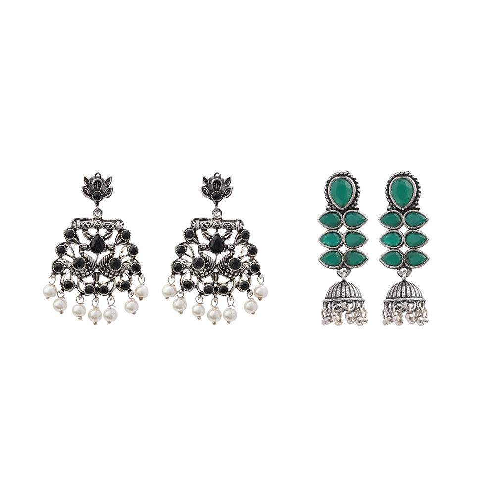 Dazzle Dash Jhumki earring (Green) Peacock glow stone studded dangler earrings (Black) Combo set