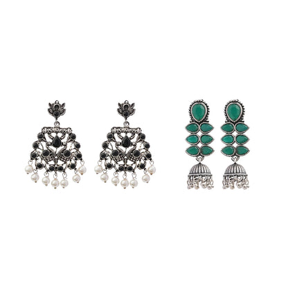 Dazzle Dash Jhumki earring (Green) Peacock glow stone studded dangler earrings (Black) Combo set