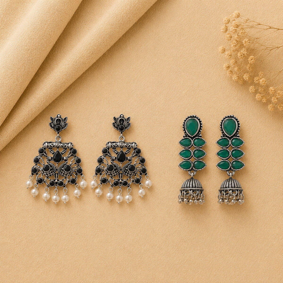 Dazzle Dash Jhumki earring (Green) Peacock glow stone studded dangler earrings (Black) Combo set