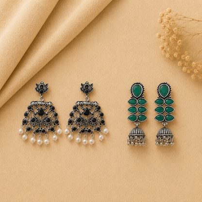 Dazzle Dash Jhumki earring (Green) Peacock glow stone studded dangler earrings (Black) Combo set