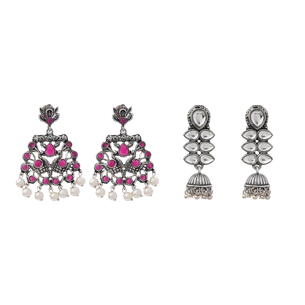 Dazzle Dash Jhumki earring (White) Peacock glow stone studded dangler earrings (Red) Combo set