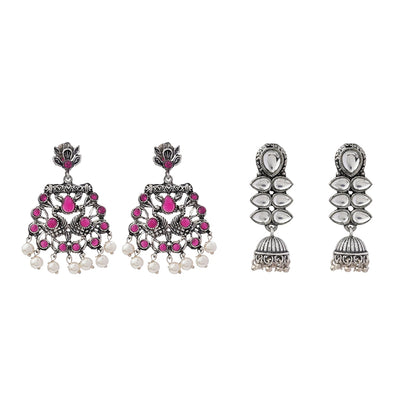 Dazzle Dash Jhumki earring (White) Peacock glow stone studded dangler earrings (Red) Combo set