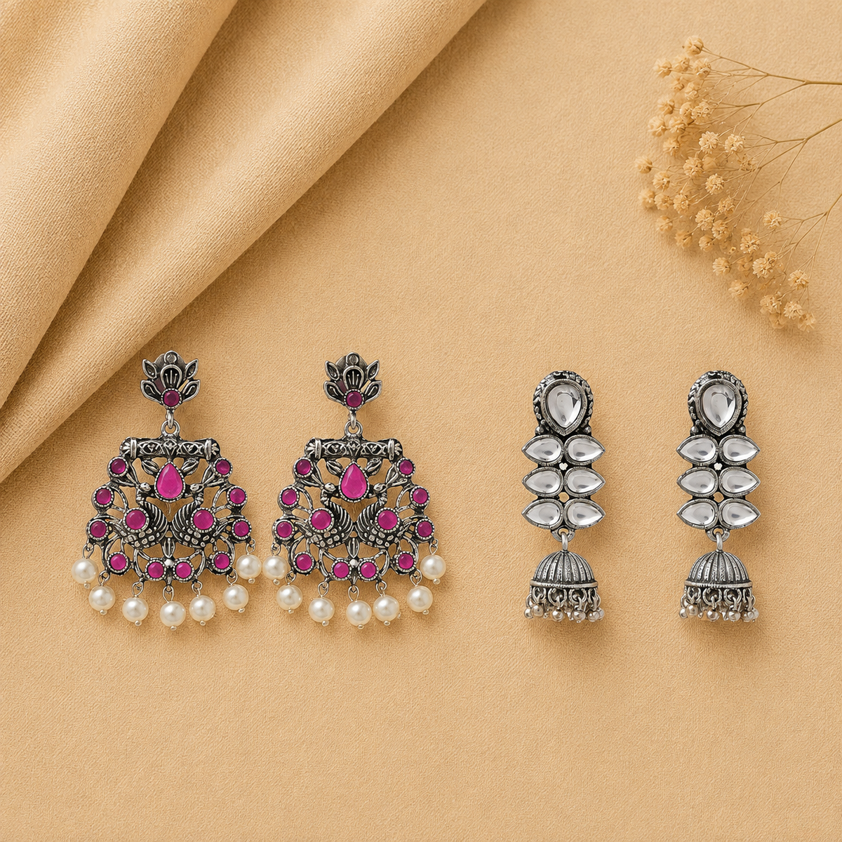 Dazzle Dash Jhumki earring (White) Peacock glow stone studded dangler earrings (Red) Combo set