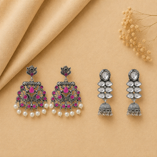 Dazzle Dash Jhumki earring (White) Peacock glow stone studded dangler earrings (Red) Combo set