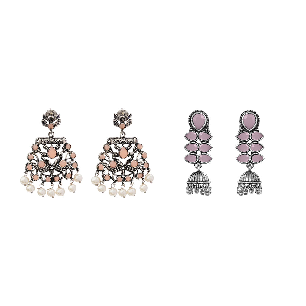 Dazzle Dash Jhumki earring (Baby Pink) Peacock glow stone studded dangler earrings (Light Orange) Combo set