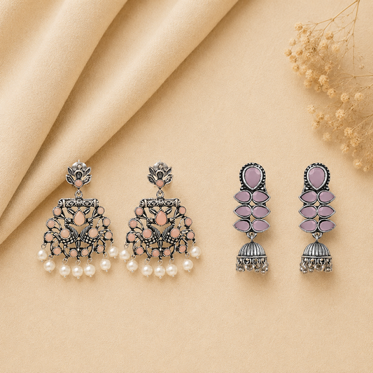 Dazzle Dash Jhumki earring (Baby Pink) Peacock glow stone studded dangler earrings (Light Orange) Combo set