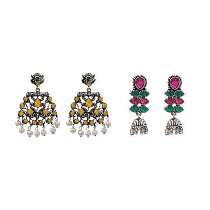 Dazzle Dash Jhumki earring (Multicolored) Peacock glow stone studded dangler earrings (Yellow) Combo set
