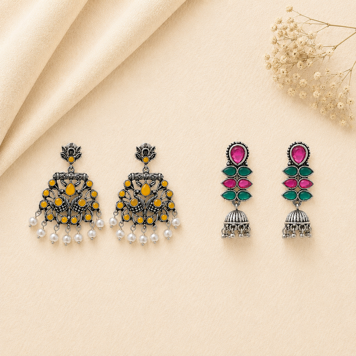 Dazzle Dash Jhumki earring (Multicolored) Peacock glow stone studded dangler earrings (Yellow) Combo set