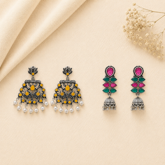 Dazzle Dash Jhumki earring (Multicolored) Peacock glow stone studded dangler earrings (Yellow) Combo set