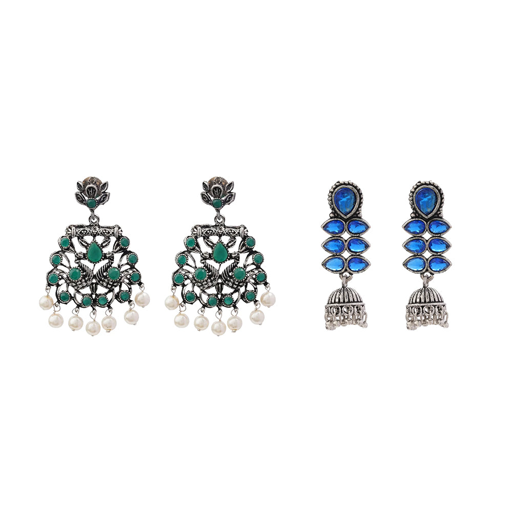 Dazzle Dash Jhumki earring (Blue) Peacock glow stone studded dangler earrings (Green) Combo set