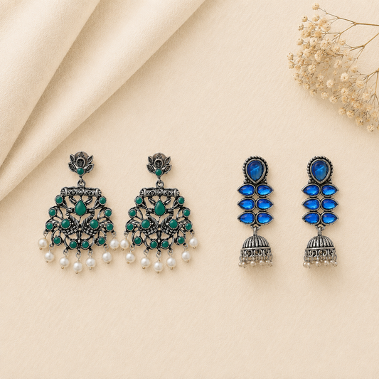 Dazzle Dash Jhumki earring (Blue) Peacock glow stone studded dangler earrings (Green) Combo set