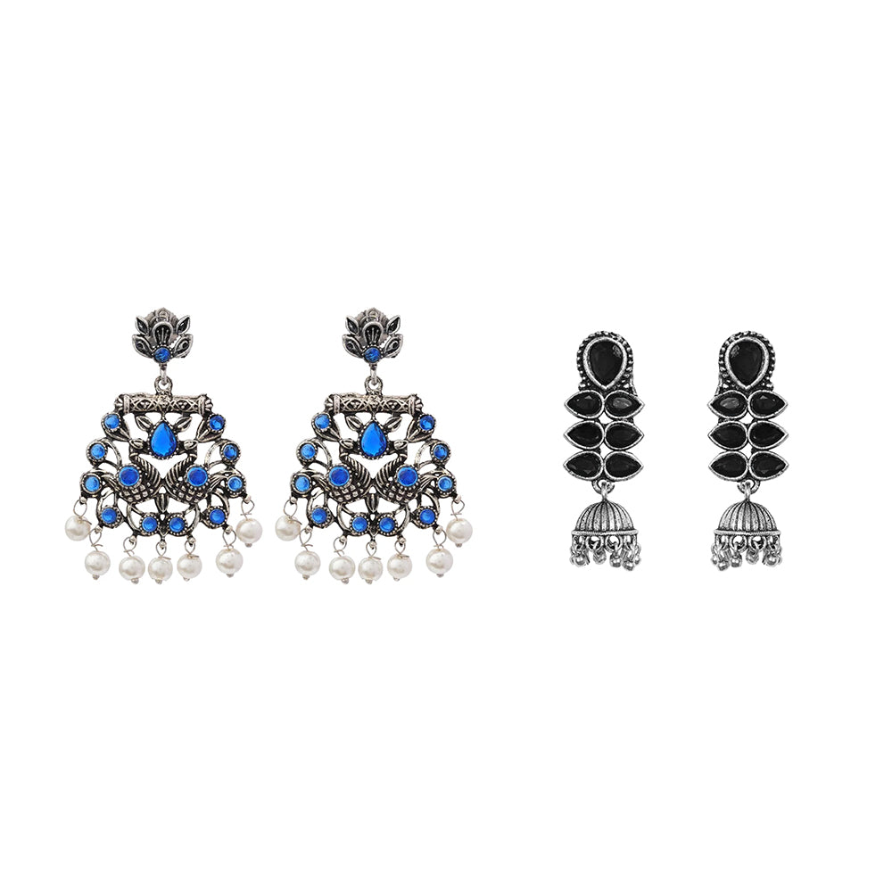 Dazzle Dash Jhumki earring (Black) Peacock glow stone studded dangler earrings (Blue) Combo set