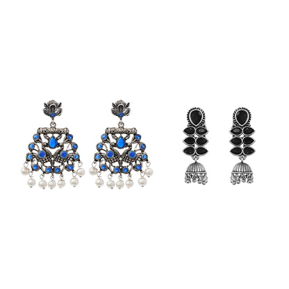 Dazzle Dash Jhumki earring (Black) Peacock glow stone studded dangler earrings (Blue) Combo set