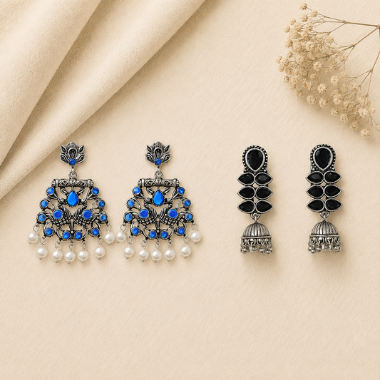 Dazzle Dash Jhumki earring (Black) Peacock glow stone studded dangler earrings (Blue) Combo set