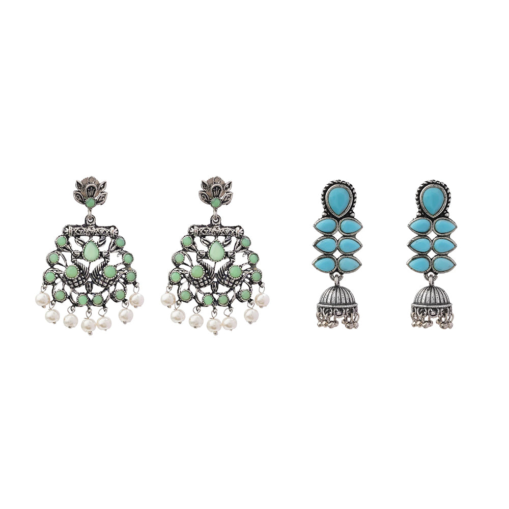 Dazzle Dash Jhumki earring (Sky Blue) Peacock glow stone studded dangler earrings (Pista) Combo set