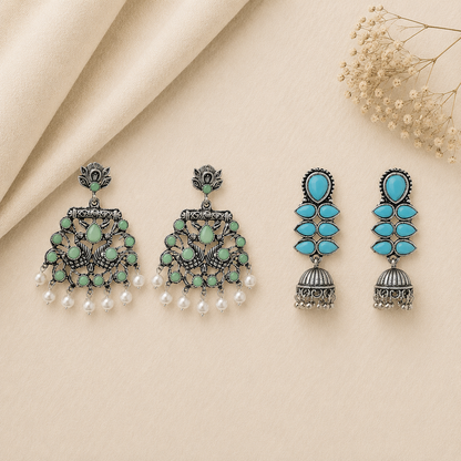 Dazzle Dash Jhumki earring (Sky Blue) Peacock glow stone studded dangler earrings (Pista) Combo set