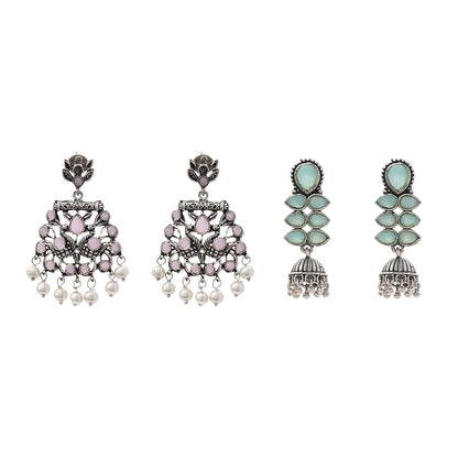 Dazzle Dash Jhumki earring (Mint) Peacock glow stone studded dangler earrings (Baby Pink) Combo set