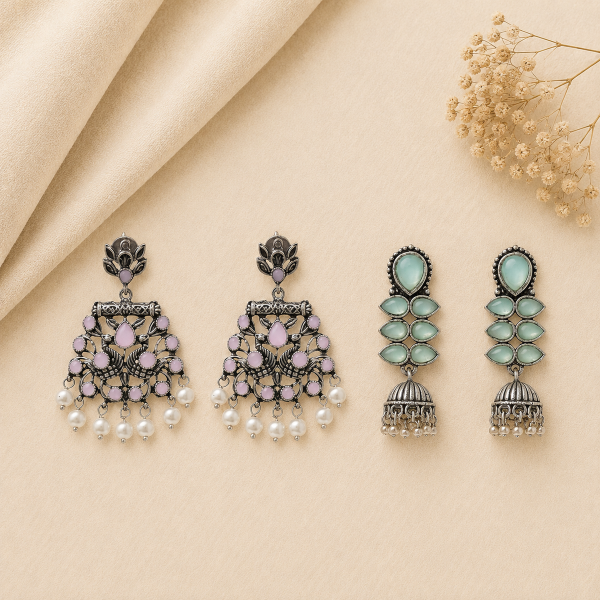 Dazzle Dash Jhumki earring (Mint) Peacock glow stone studded dangler earrings (Baby Pink) Combo set
