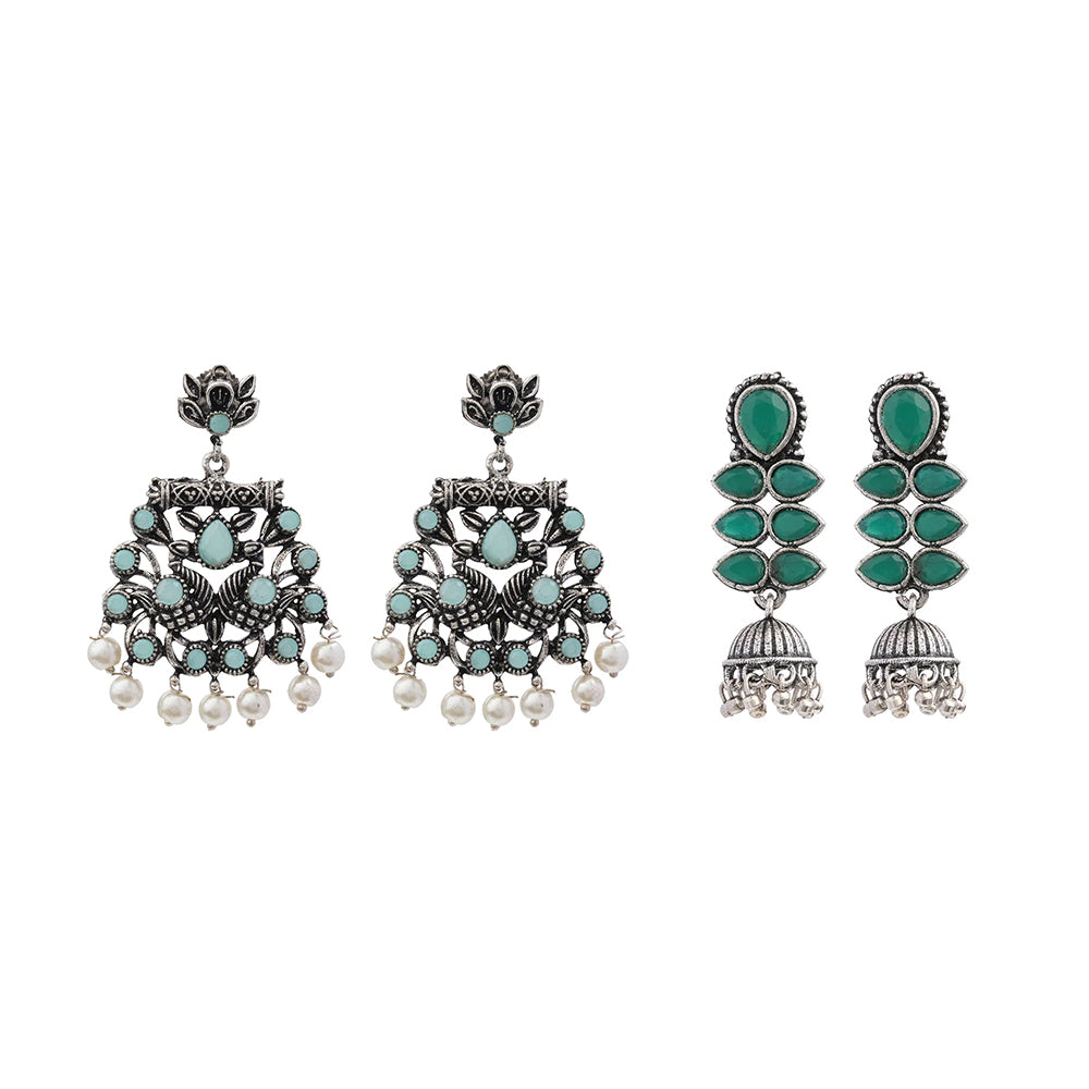 Dazzle Dash Jhumki earring (Green) Peacock glow stone studded dangler earrings (Mint) Combo set