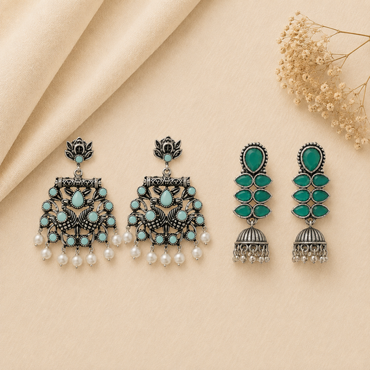 Dazzle Dash Jhumki earring (Green) Peacock glow stone studded dangler earrings (Mint) Combo set