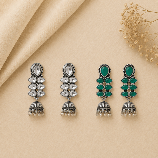 Dazzle Dash Jhumki earring (White) Dazzle Dash Jhumki earring (Green) Combo set