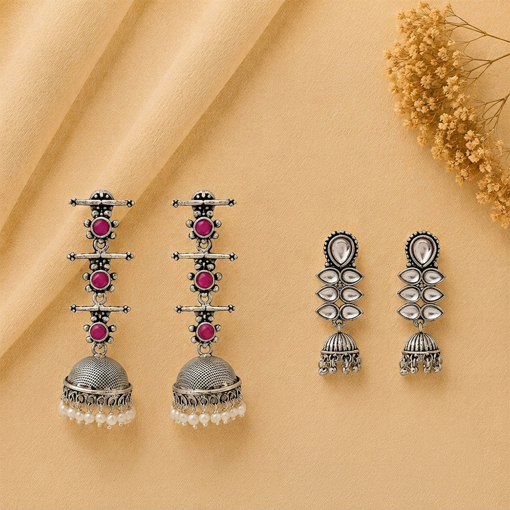 Royal Triple Bell Layered Jhumka Earring (Red) Dazzle Dash Jhumki earring (White) Combo set