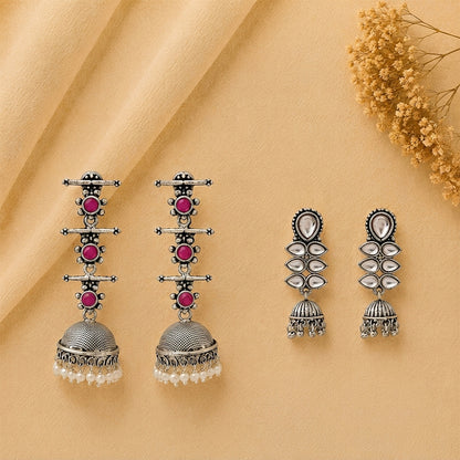 Royal Triple Bell Layered Jhumka Earring (Red) Dazzle Dash Jhumki earring (White) Combo set
