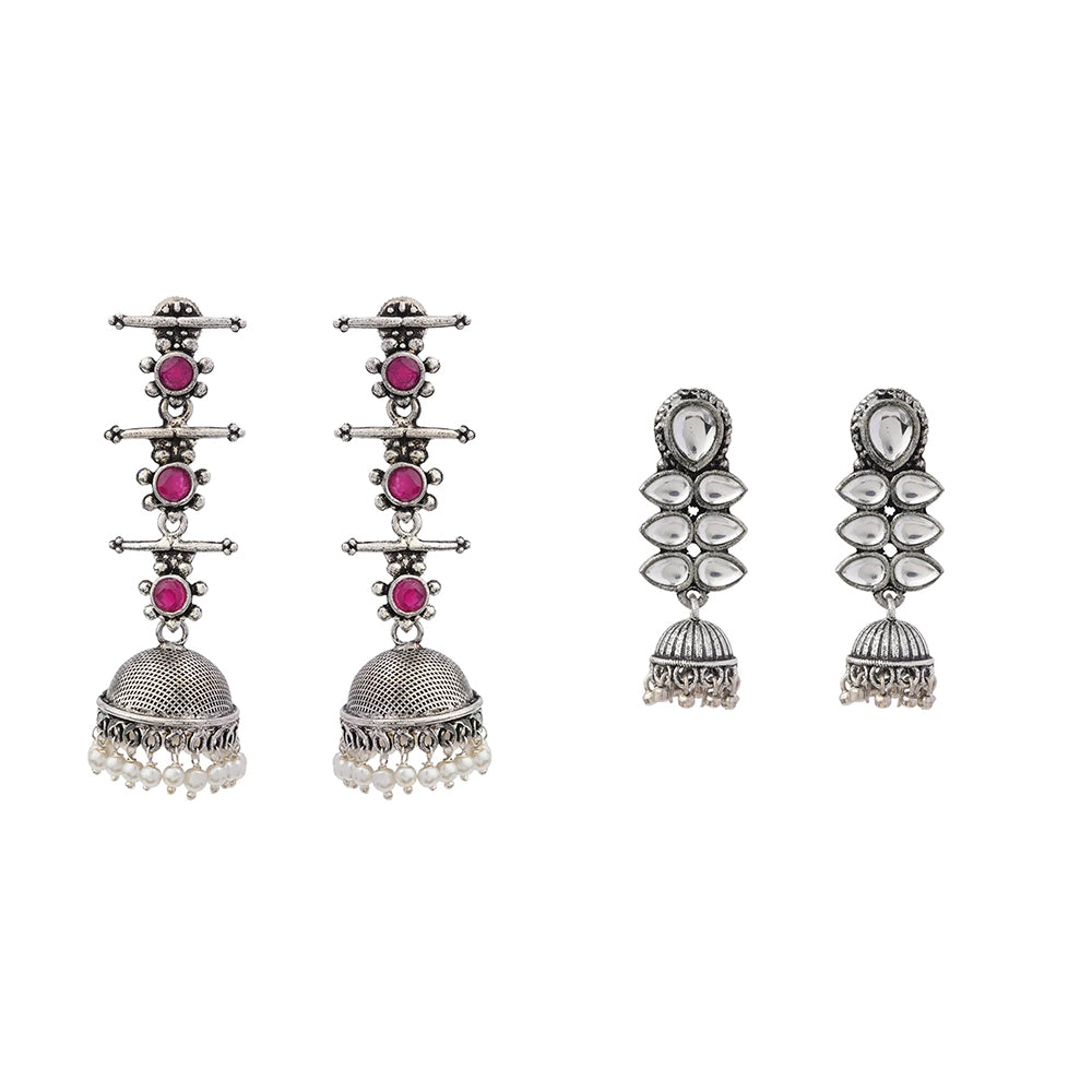 Royal Triple Bell Layered Jhumka Earring (Red) Dazzle Dash Jhumki earring (White) Combo set