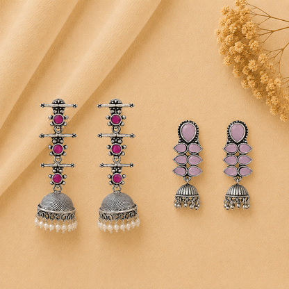 Royal Triple Bell Layered Jhumka Earring (Red) Dazzle Dash Jhumki earring (Baby Pink) Combo set