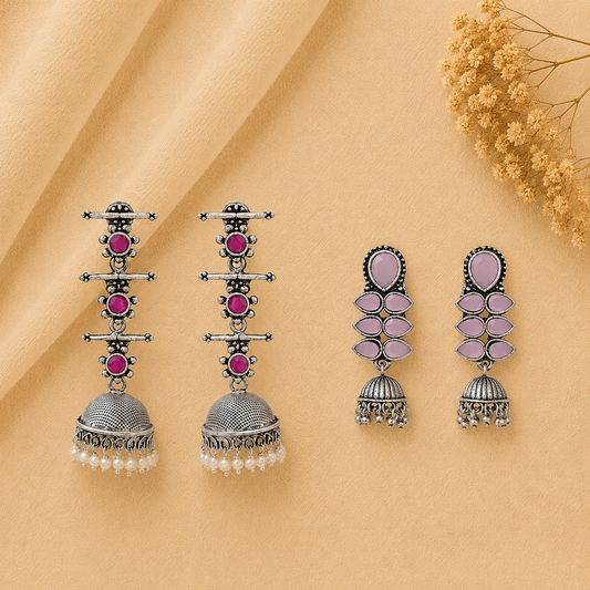 Royal Triple Bell Layered Jhumka Earring (Red) Dazzle Dash Jhumki earring (Baby Pink) Combo set