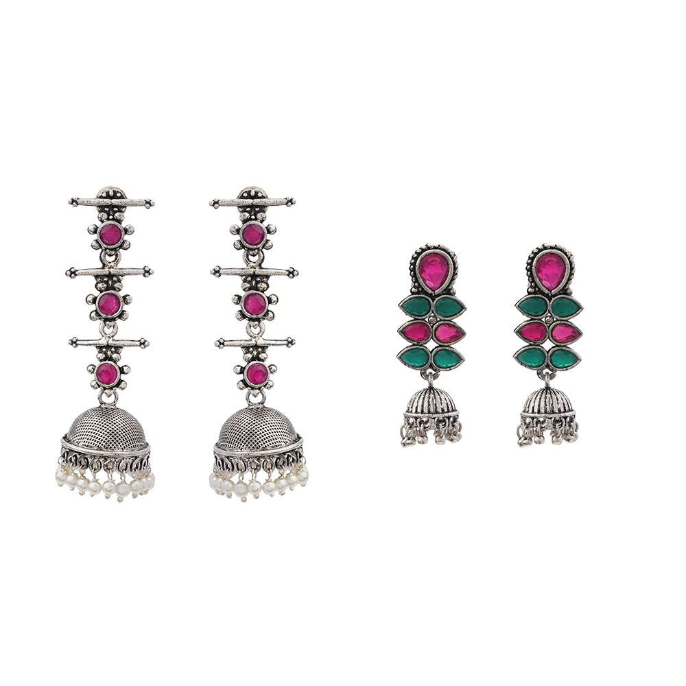 Royal Triple Bell Layered Jhumka Earring (Red) Dazzle Dash Jhumki earring (Multicolored) Combo set