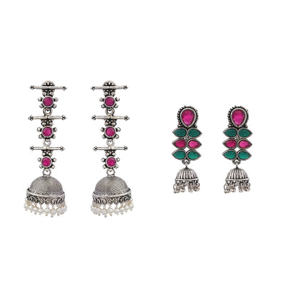 Royal Triple Bell Layered Jhumka Earring (Red) Dazzle Dash Jhumki earring (Multicolored) Combo set