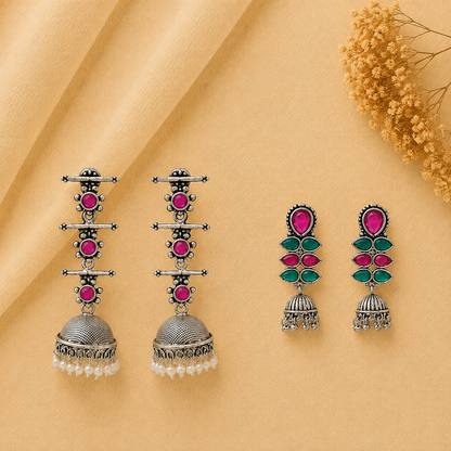 Royal Triple Bell Layered Jhumka Earring (Red) Dazzle Dash Jhumki earring (Multicolored) Combo set