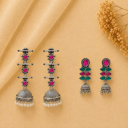 Royal Triple Bell Layered Jhumka Earring (Red) Dazzle Dash Jhumki earring (Multicolored) Combo set