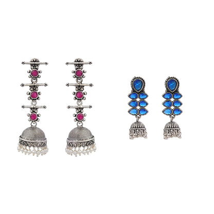 Royal Triple Bell Layered Jhumka Earring (Red) Dazzle Dash Jhumki earring (Blue) Combo set