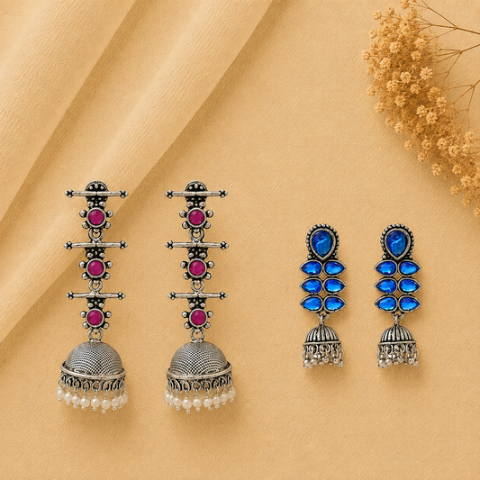 Royal Triple Bell Layered Jhumka Earring (Red) Dazzle Dash Jhumki earring (Blue) Combo set