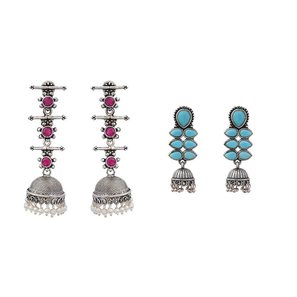 Royal Triple Bell Layered Jhumka Earring (Red) Dazzle Dash Jhumki earring (Sky Blue) Combo set